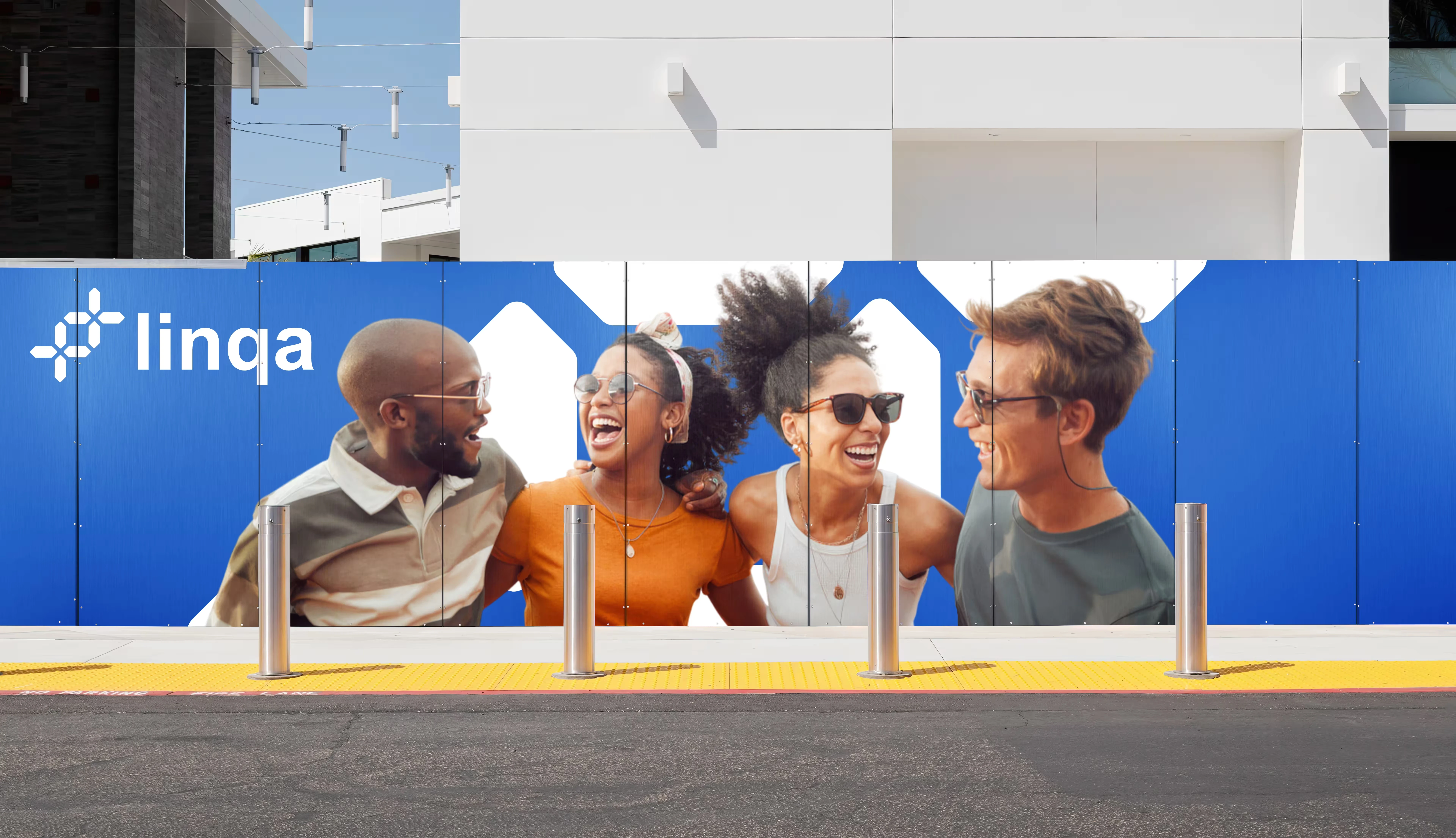 Linqa app community members socializing and building real-life connections at an exclusive offline meetup event.People connecting and laughing together in front of a Linqa billboard, illustrating AI-powered social discovery and real human connection Linqa community members socializing and building real-life connections at an exclusive offline meetup event.